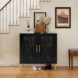 Decorative black cabinet with gold legs in a home setting with staircase and wall art.