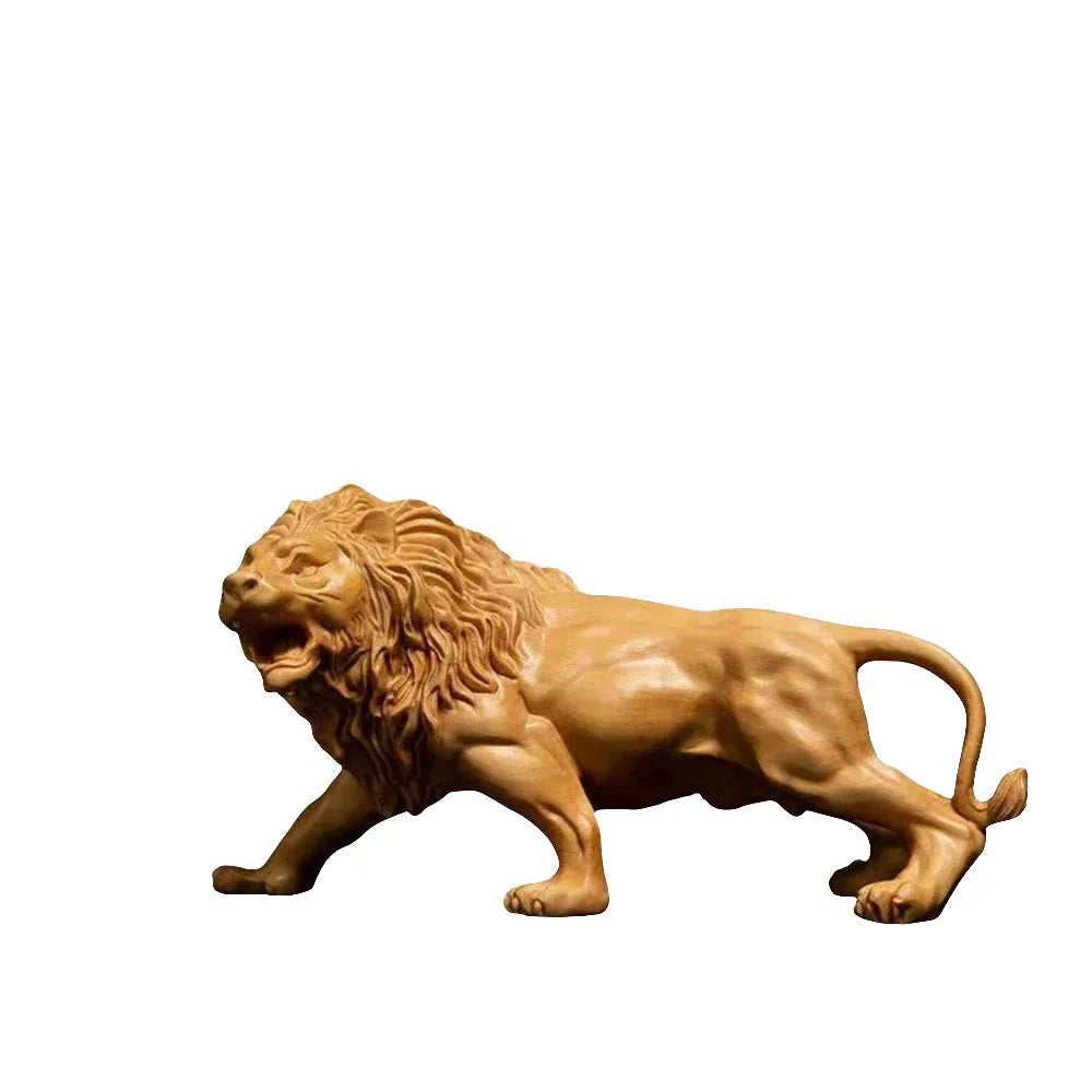 Brown wooden lion sculpture, hand-carved with intricate details - House of Avana