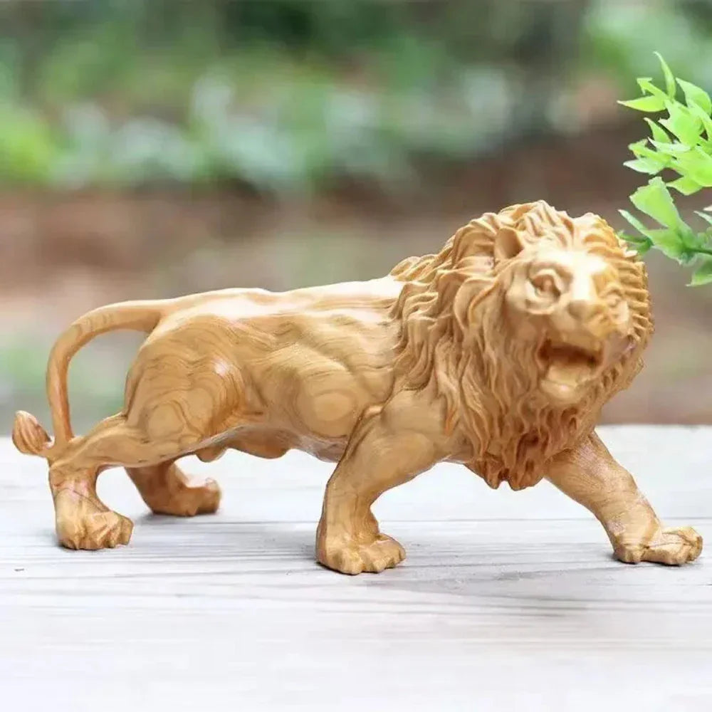 Lion Sculpture - Hand-carved Wooden Brown, back view - House Of Avana