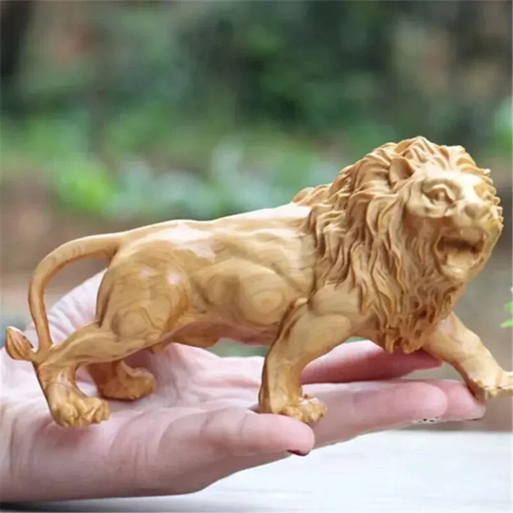 Lion Sculpture - Hand-carved Wooden Brown, top view - House Of Avana