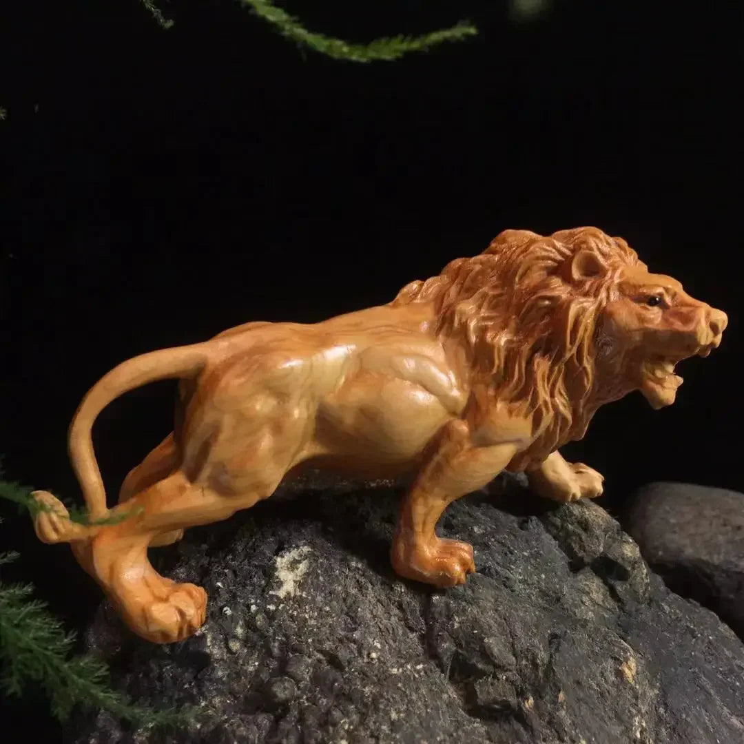 Lion Sculpture - Hand-carved Wooden Brown, angled view - House Of Avana
