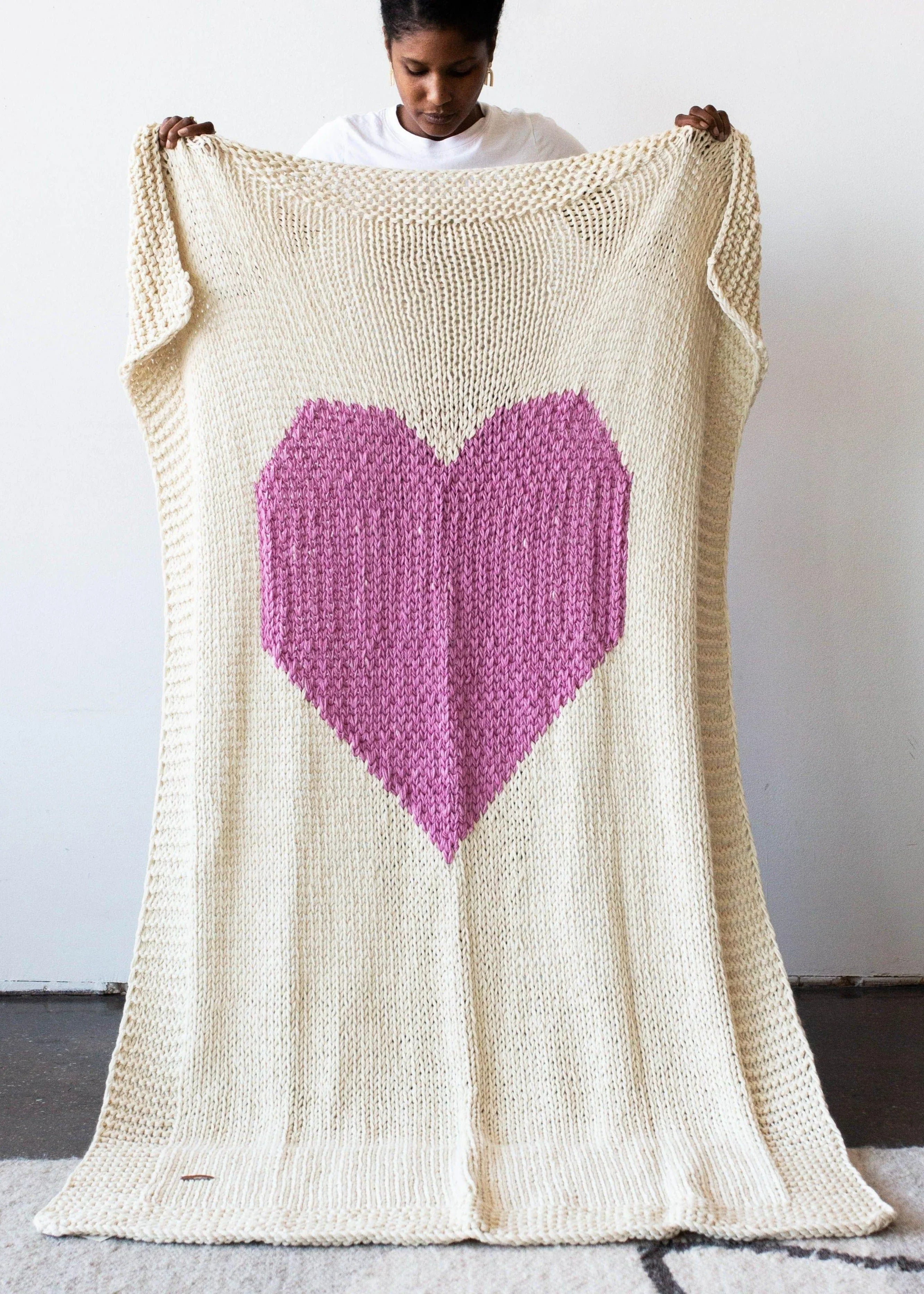 Hand-knitted Merino Wool Heart Throw Blanket, front view - House Of Avana