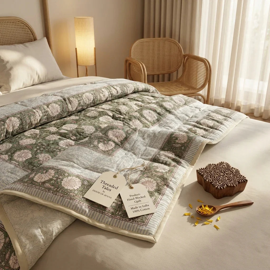 Cream & Golden Yellow Rust Jaipur Indian hand block print floral quilted comforter | hand block printed muslin cotton quilt Jaipur India | Indian handicraft bedding | Sanganer floral comforter Queen King | artisan block print | House of Avana