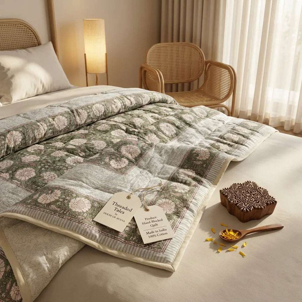 Cream & Golden Yellow Rust Jaipur Indian hand block print floral quilted comforter | hand block printed muslin cotton quilt Jaipur India | Indian handicraft bedding | Sanganer floral comforter Queen King | artisan block print | House of Avana [[SKU:HOA-COM-GYRU-023]]