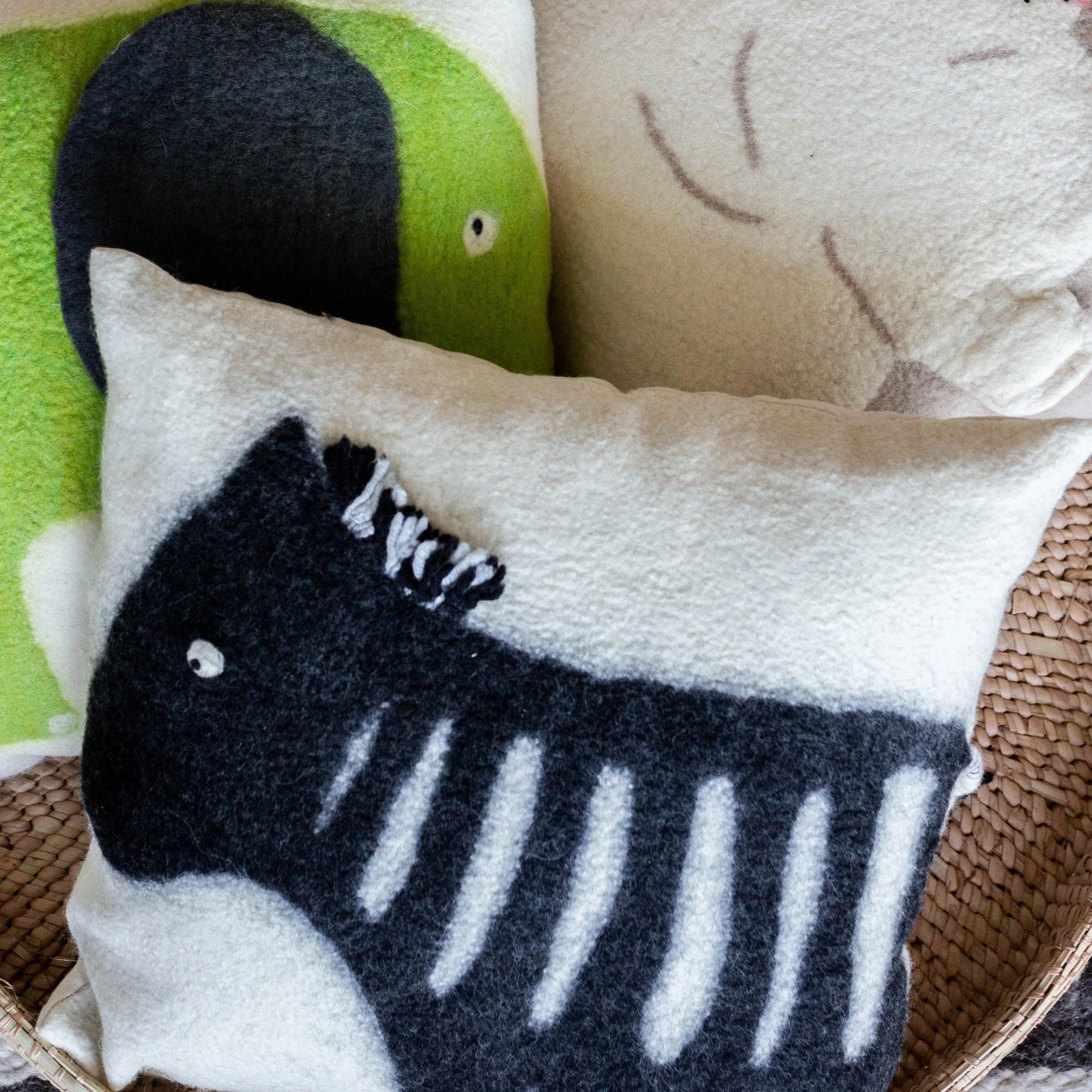 African Modern Boho Felted Decorative Pillow: Animal Zebra Jungle Wool Throw Pillow Kanju Interiors