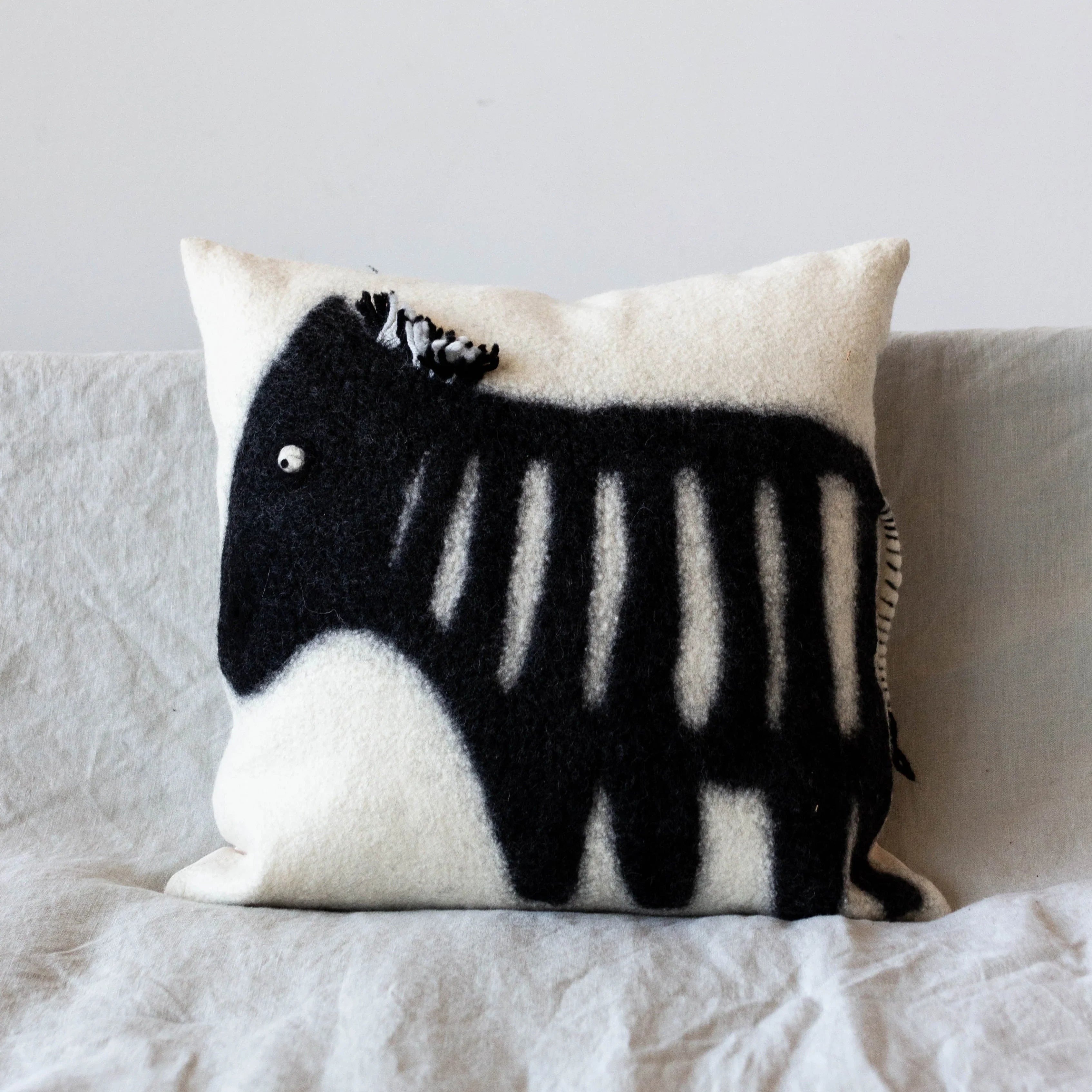 African Modern Boho Felted Decorative Pillow: Animal Zebra Jungle Wool Throw Pillow Kanju Interiors