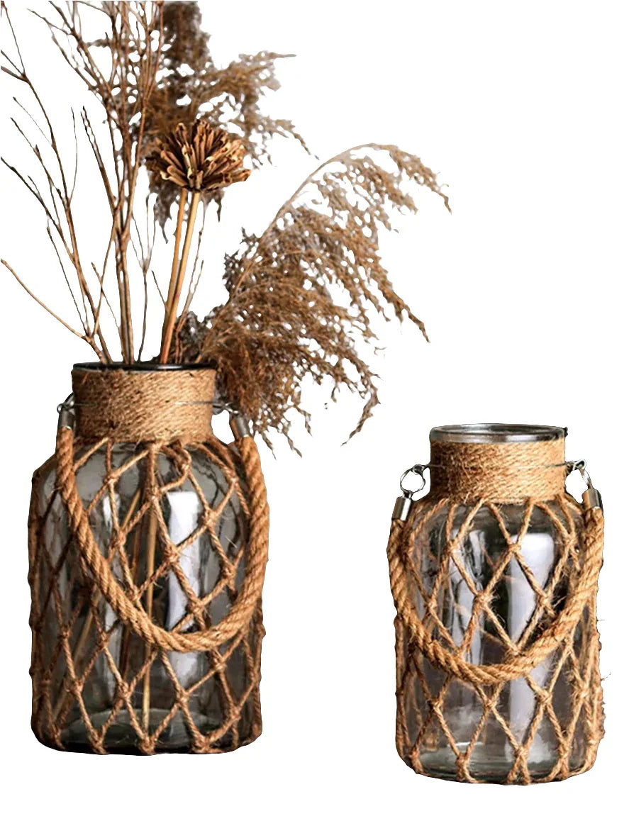 Hand Woven Hemp Rope Glass Vase - House Of Avana