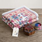 Cream & Rose Pink Dusty Blue Jaipur Indian hand block print floral quilted comforter | Indian handicraft Jaipur hand block print cotton muslin comforter | floral quilted bedspread Sanganer | block print Queen King bedding India | House of Avana