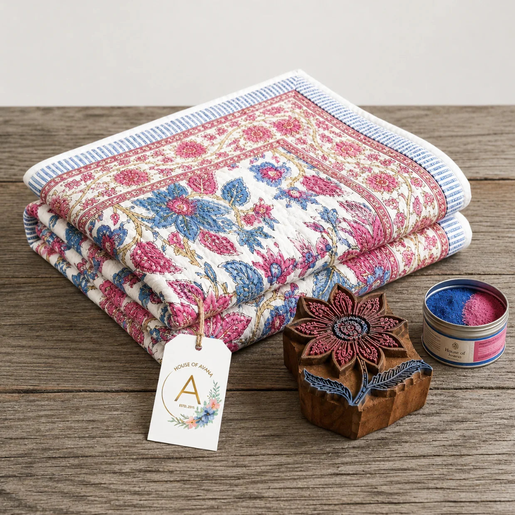 Cream & Rose Pink Dusty Blue Jaipur Indian hand block print floral quilted comforter | Indian handicraft Jaipur hand block print cotton muslin comforter | floral quilted bedspread Sanganer | block print Queen King bedding India | House of Avana