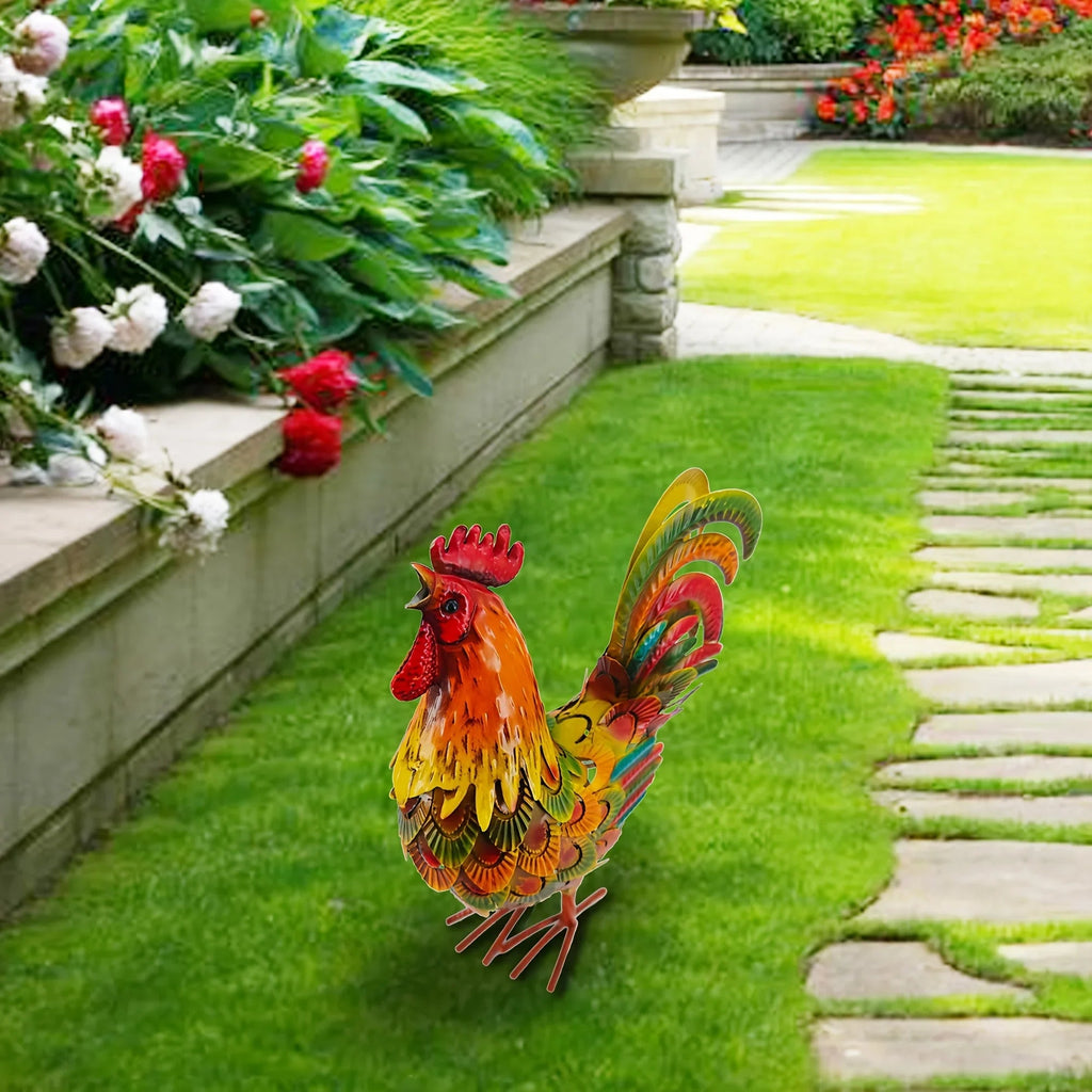 Colorful Metal Rooster Statue for Outdoor Garden - House Of Avana [[SKU:HOA-GSC-019]]