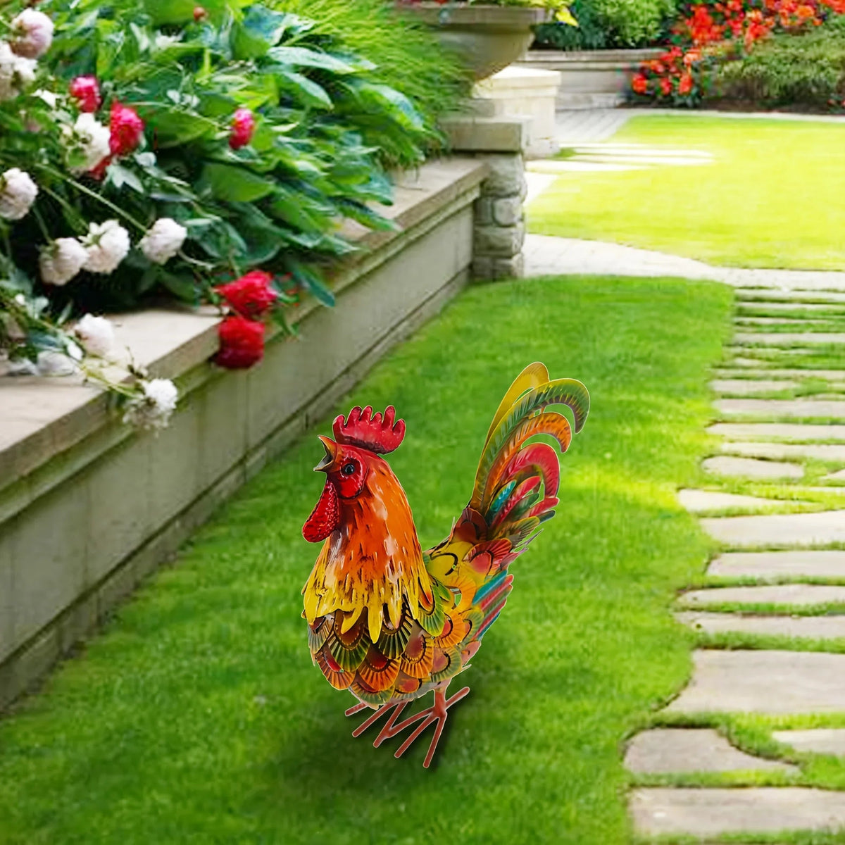 Colorful Metal Rooster Statue for Outdoor Garden - House Of Avana [[SKU:HOA-GSC-019]]