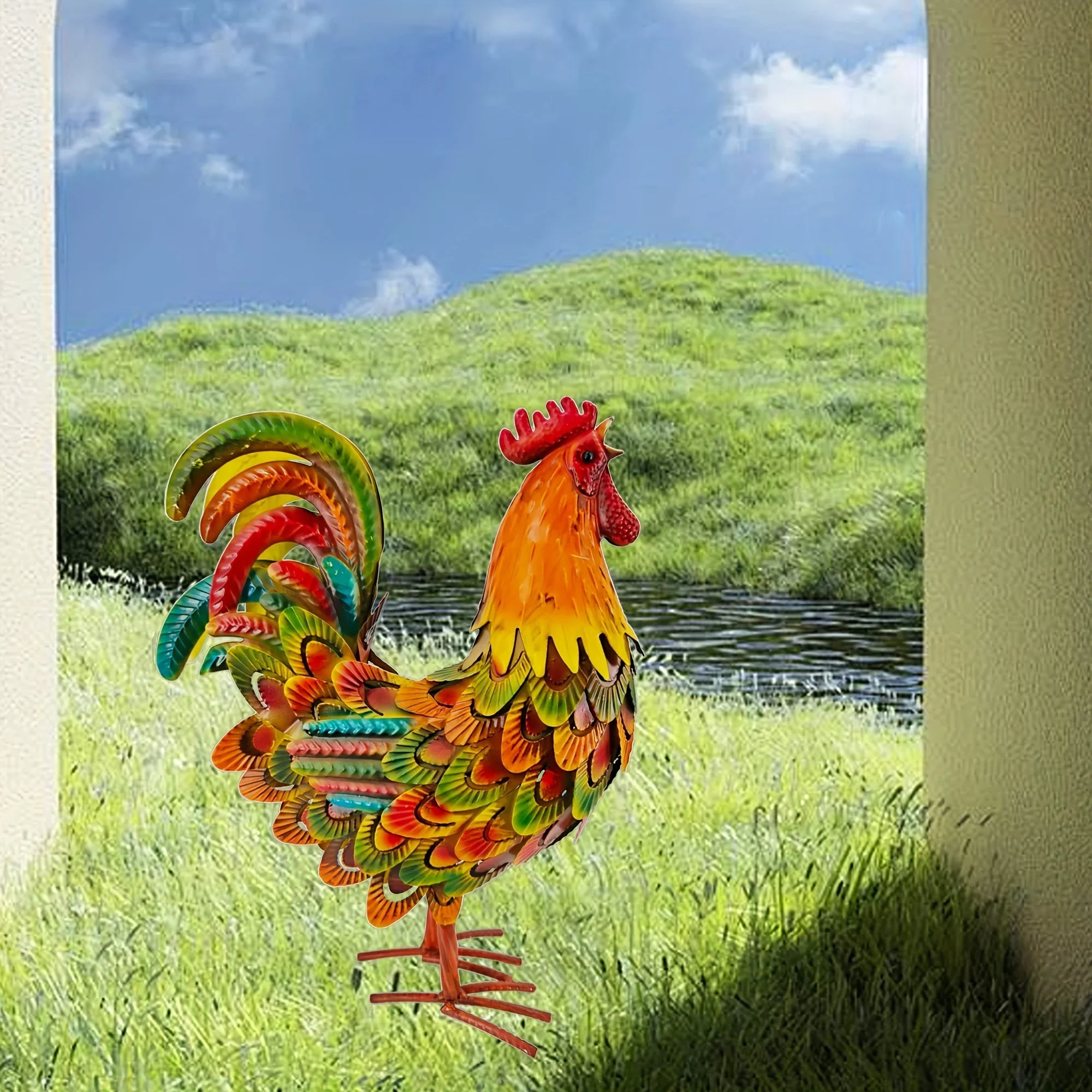 Vibrant handcrafted metal rooster garden statue with colorful layered feathers in a grassy yard.