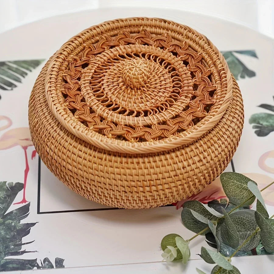 Woven rattan basket on a surface with a plant and magazine in the background