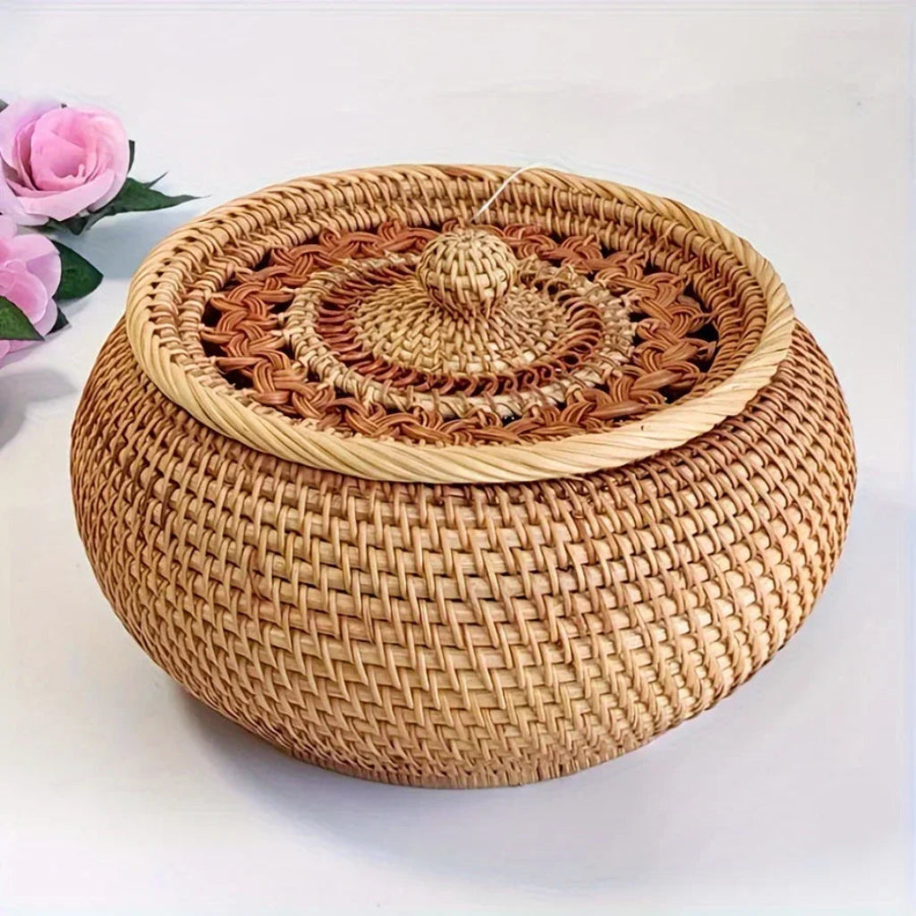 Woven basket with a lid on a white background