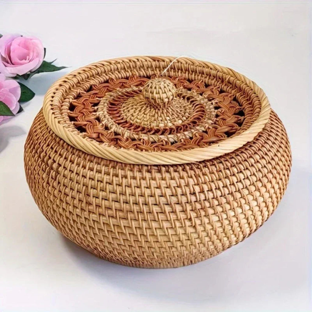 Woven basket with a lid on a white background
