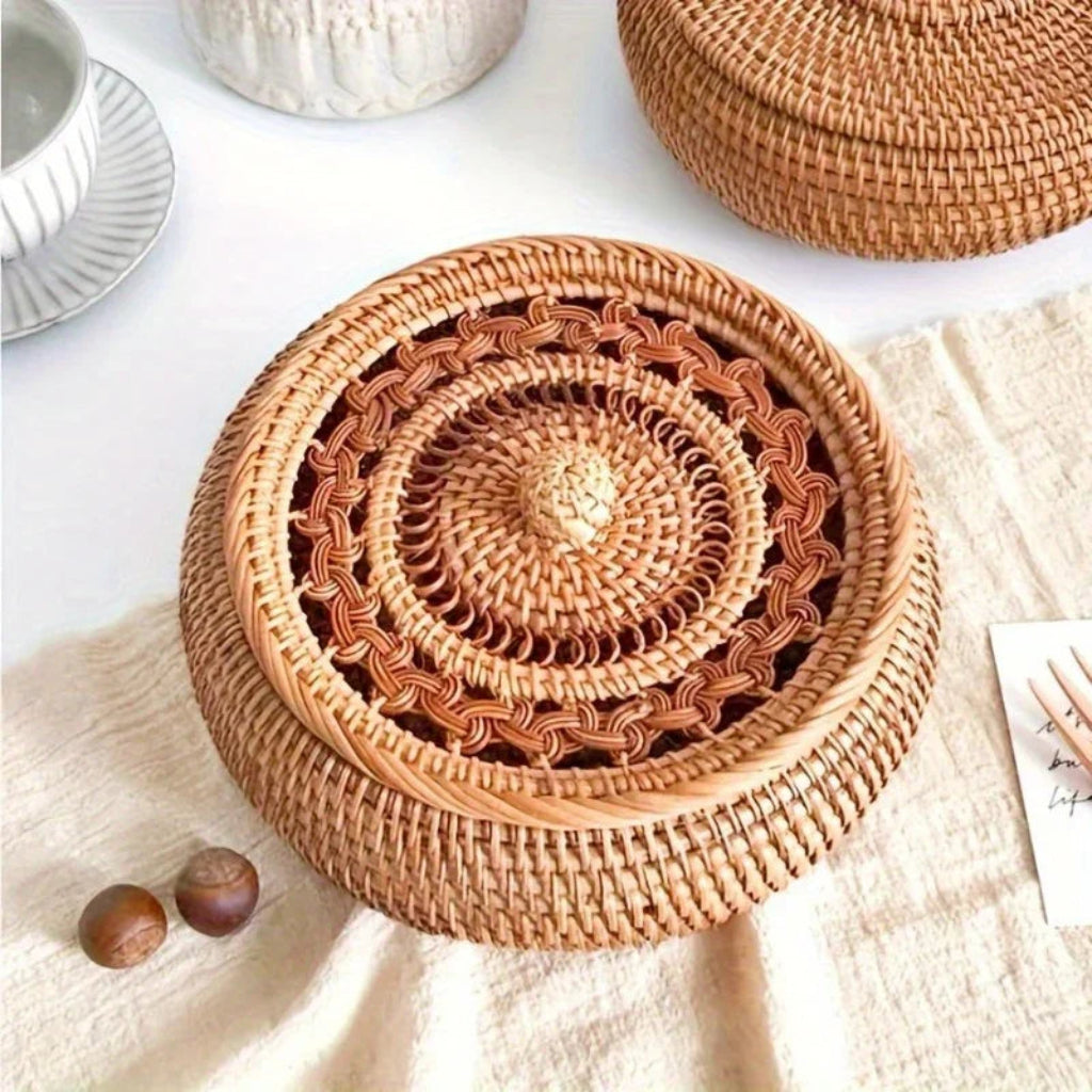 Woven rattan coasters on a light fabric surface with a neutral background