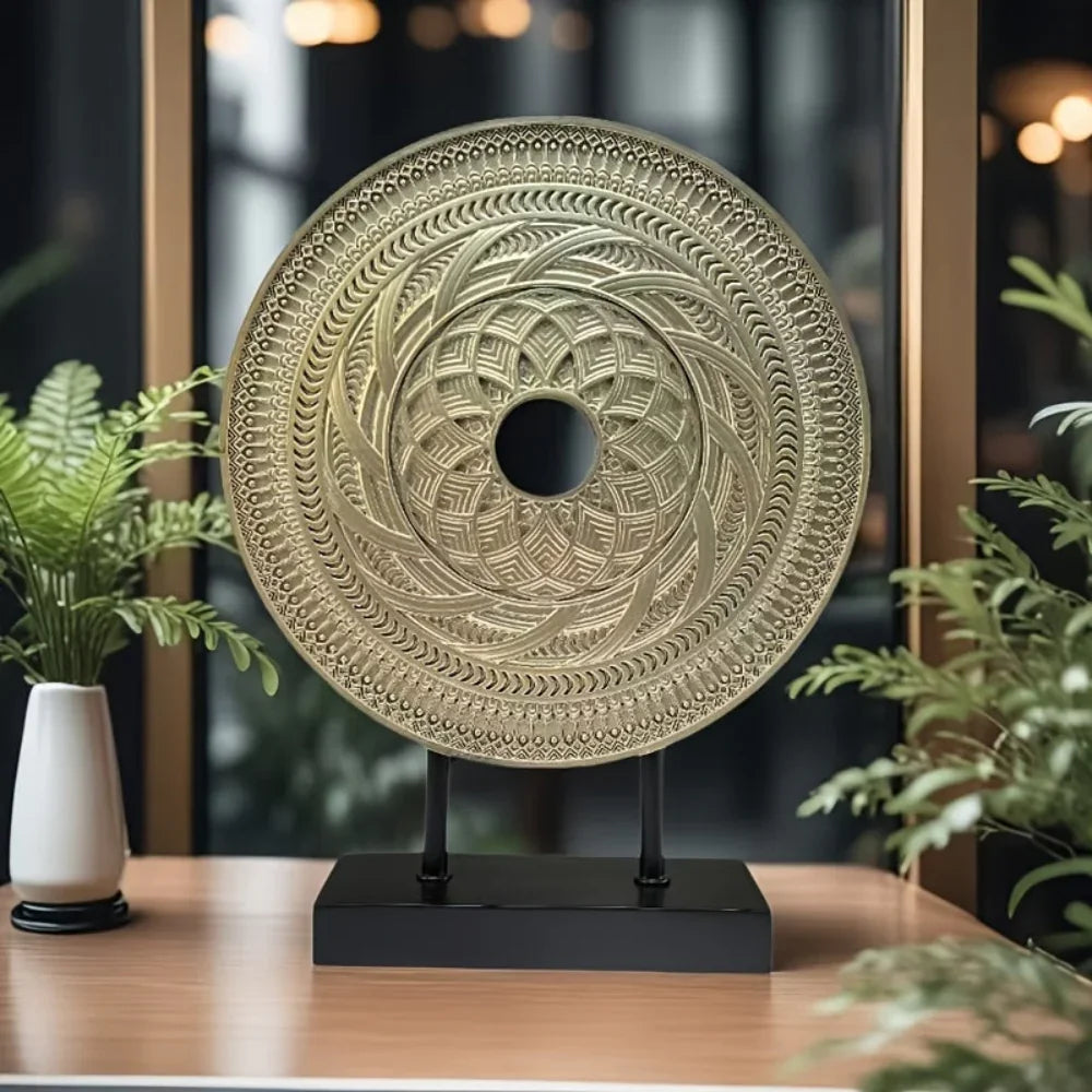 Round Handcarved Table Top - Brown Wooden Design, angled view - House Of Avana