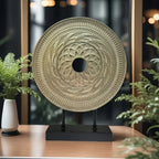 Round Handcarved Table Top - Brown Wooden Design, angled view - House Of Avana
