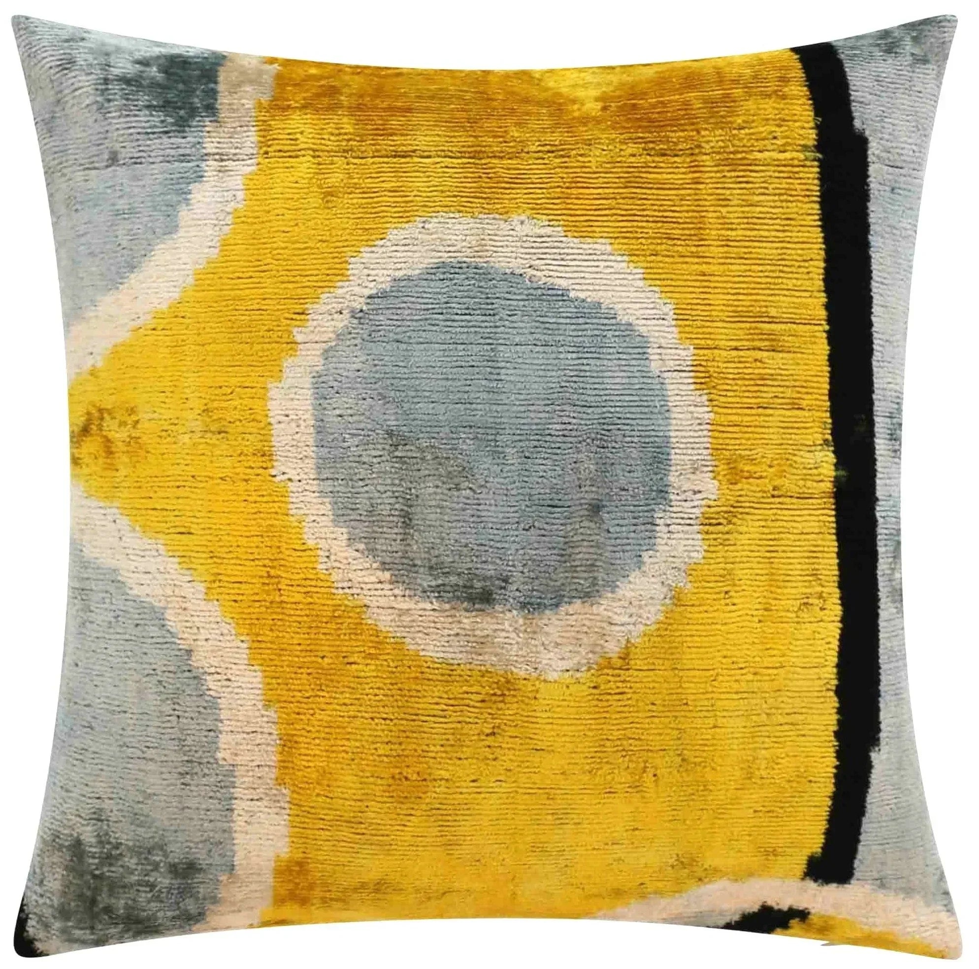 Handmade 16x16 Silk Velvet Geometric Throw Pillow in Gold and Gray – Luxury Down Feather Insert, detail shot - House Of Avana