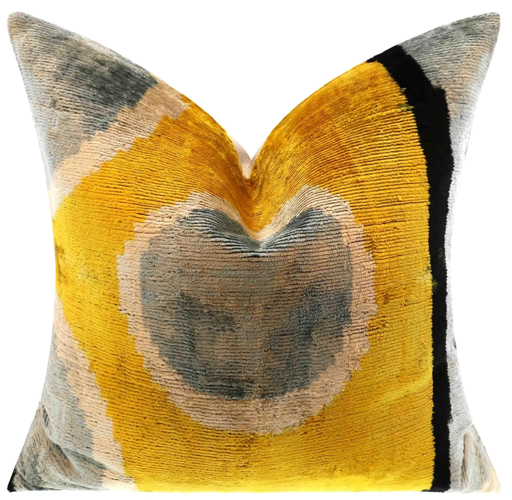 Handmade 16x16 Silk Velvet Geometric Throw Pillow in Gold and Gray – Luxury Down Feather Insert, front view - House Of Avana