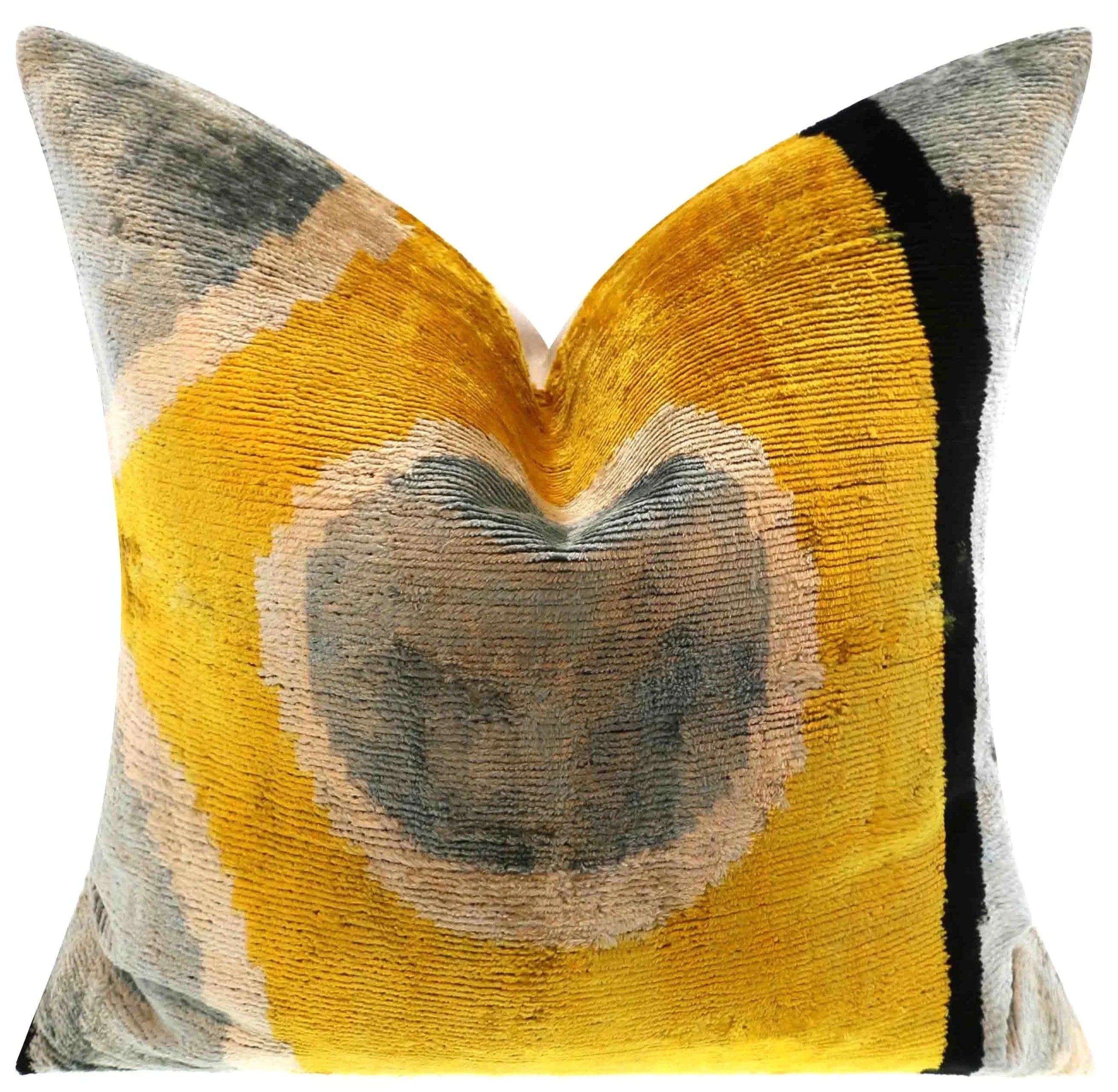 Handmade 16x16 Silk Velvet Geometric Throw Pillow in Gold and Gray – Luxury Down Feather Insert, front view - House Of Avana