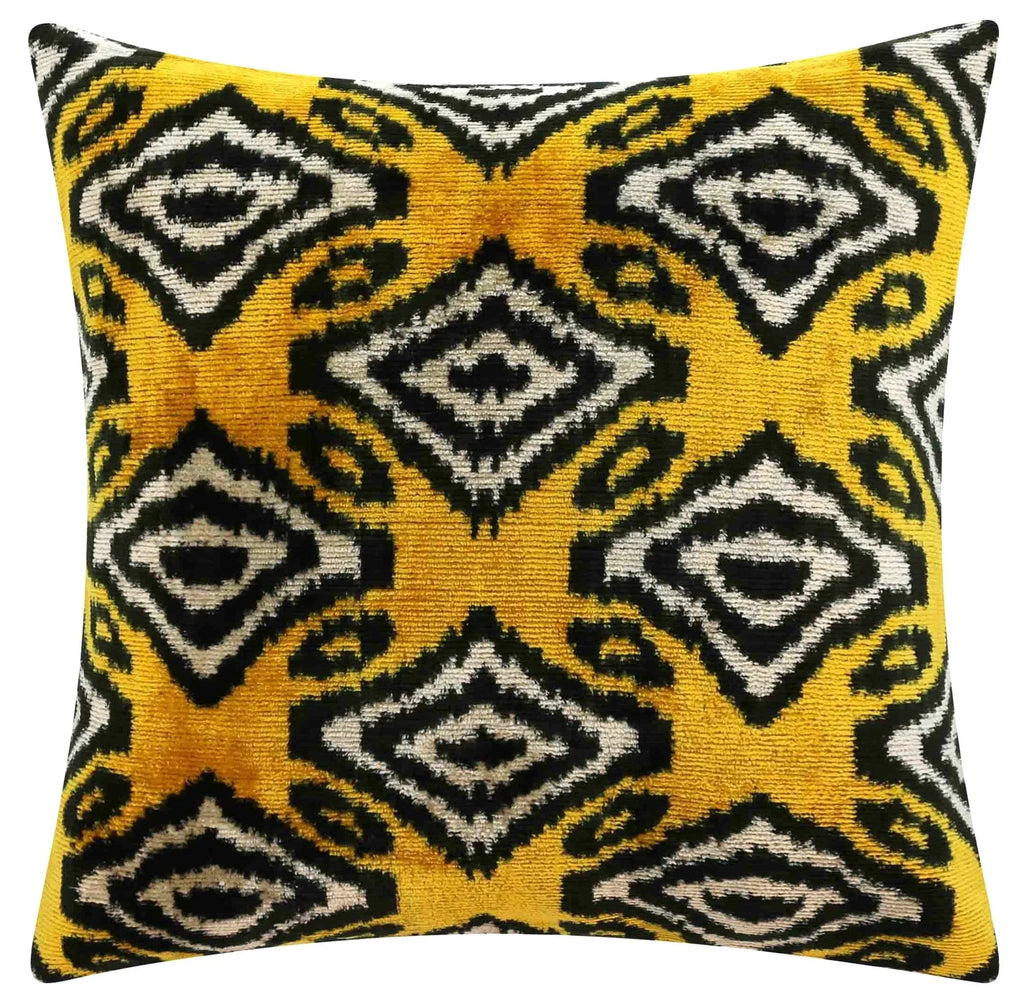 Handmade 16x16 Silk Velvet Throw Pillow in Gold with Black and White Geometric Design – Down Feather Insert Canvello