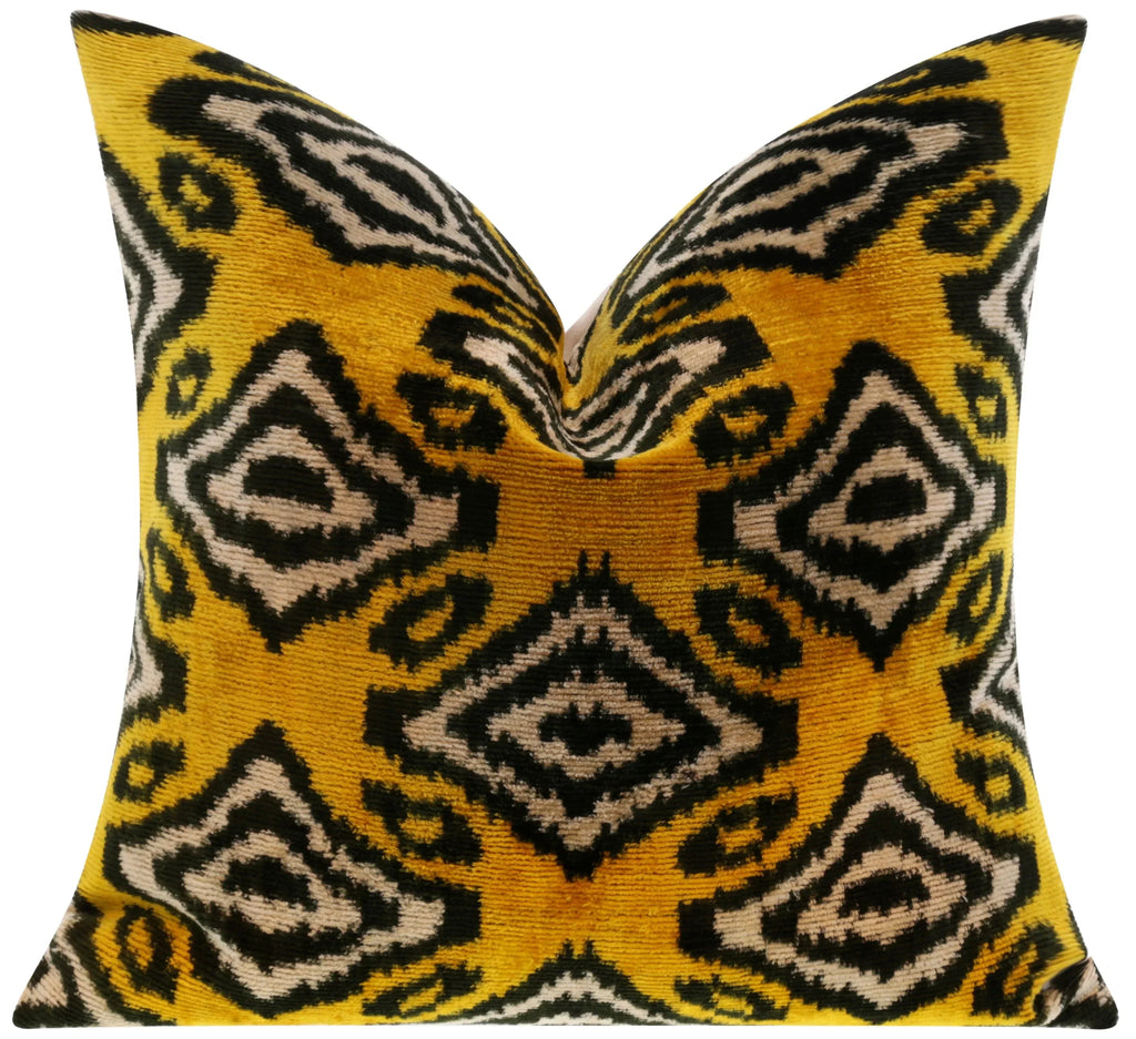 Handmade 16x16 Silk Velvet Throw Pillow in Gold with Black and White Geometric Design – Down Feather Insert Canvello