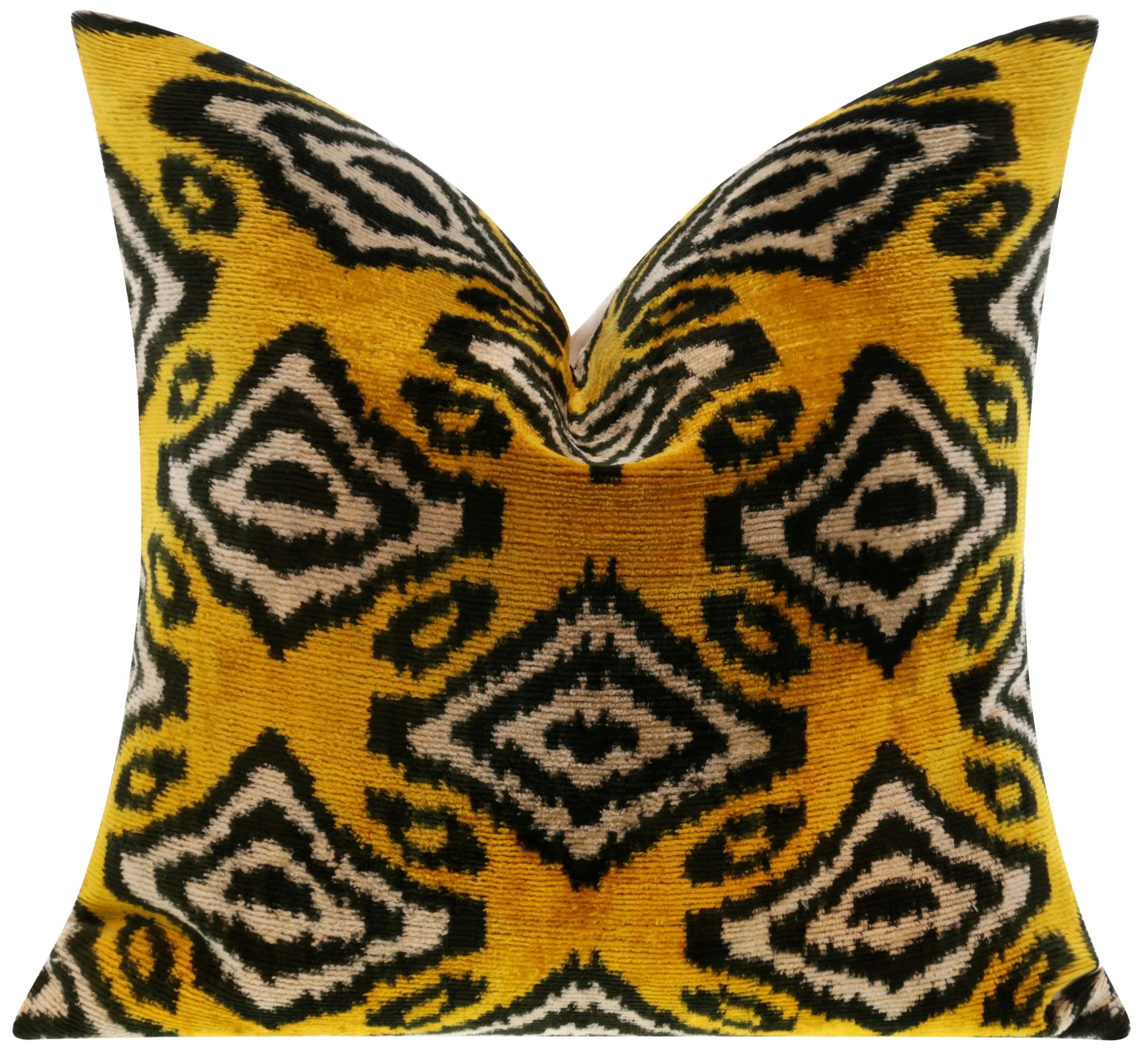 Handmade 16x16 Silk Velvet Throw Pillow in Gold with Black and White Geometric Design – Down Feather Insert Canvello