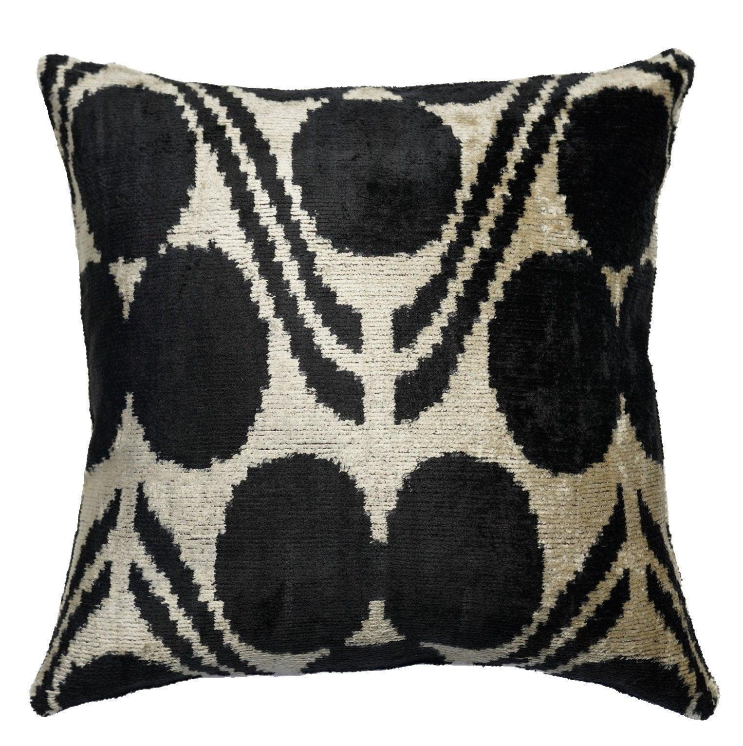 Handmade Black & Ivory Velvet Pillow – 24x24" Silk Ikat Cushion Canvello