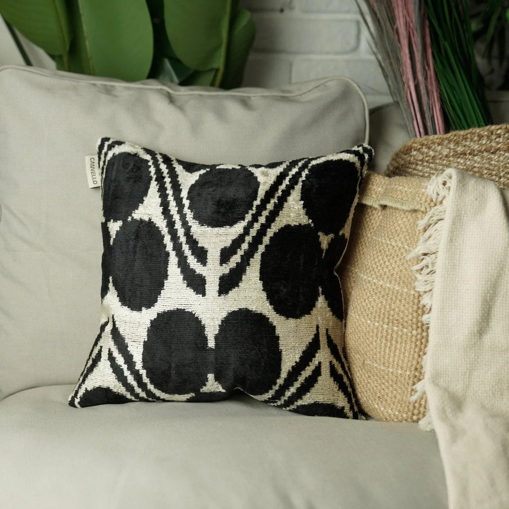 Handmade Black & Ivory Velvet Pillow – 24x24" Silk Ikat Cushion Canvello