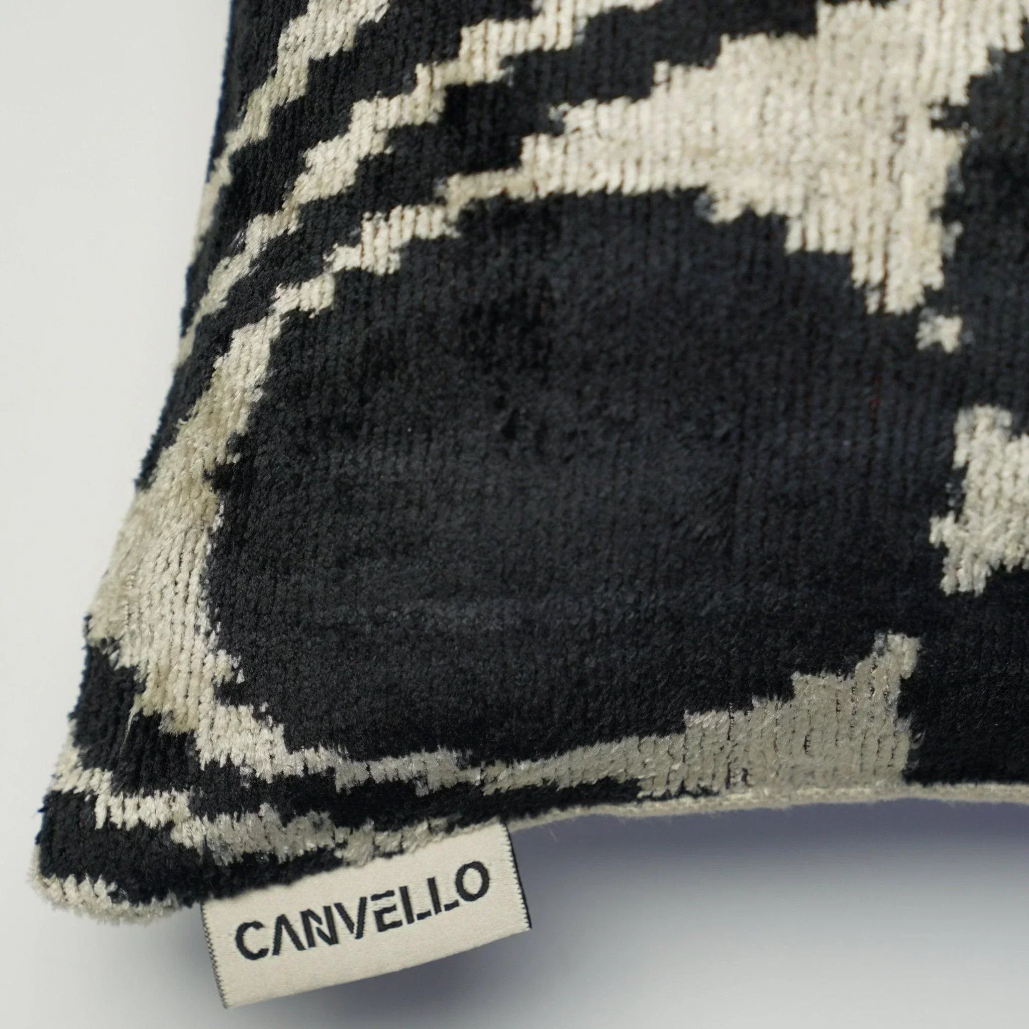 Handmade Black & Ivory Velvet Pillow – 24x24" Silk Ikat Cushion Canvello