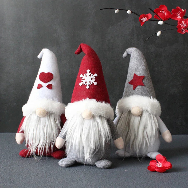 Three Items, Festive Ornaments, Imaginative Hooded Dolls Without Faces, Holiday Gnome Santa Figures, Christmas Adornments, Seasonal Decorations, Scene Embellishments, Home Decor, Window Displays, Festive Party Decorations. House Of Avana [[SKU:HOA-XMS-054]]