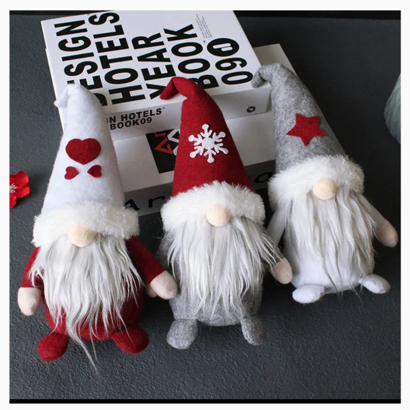 Three Items, Festive Ornaments, Imaginative Hooded Dolls Without Faces, Holiday Gnome Santa Figures, Christmas Adornments, Seasonal Decorations, Scene Embellishments, Home Decor, Window Displays, Festive Party Decorations. House Of Avana [[SKU:HOA-XMS-054]]