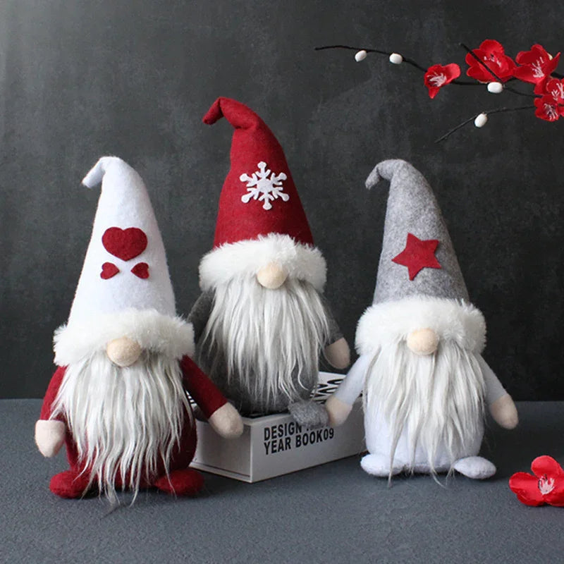 Three Items, Festive Ornaments, Imaginative Hooded Dolls Without Faces, Holiday Gnome Santa Figures, Christmas Adornments, Seasonal Decorations, Scene Embellishments, Home Decor, Window Displays, Festive Party Decorations. House Of Avana [[SKU:HOA-XMS-054]]