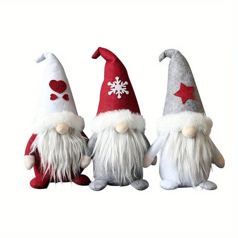 Three Items, Festive Ornaments, Imaginative Hooded Dolls Without Faces, Holiday Gnome Santa Figures, Christmas Adornments, Seasonal Decorations, Scene Embellishments, Home Decor, Window Displays, Festive Party Decorations. House Of Avana [[SKU:HOA-XMS-054]]