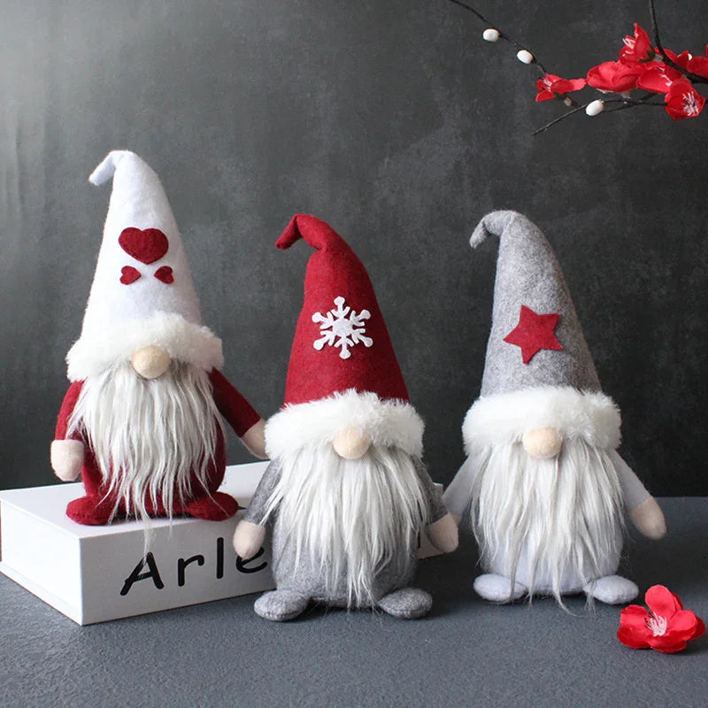 Three Items, Festive Ornaments, Imaginative Hooded Dolls Without Faces, Holiday Gnome Santa Figures, Christmas Adornments, Seasonal Decorations, Scene Embellishments, Home Decor, Window Displays, Festive Party Decorations. House Of Avana [[SKU:HOA-XMS-054]]