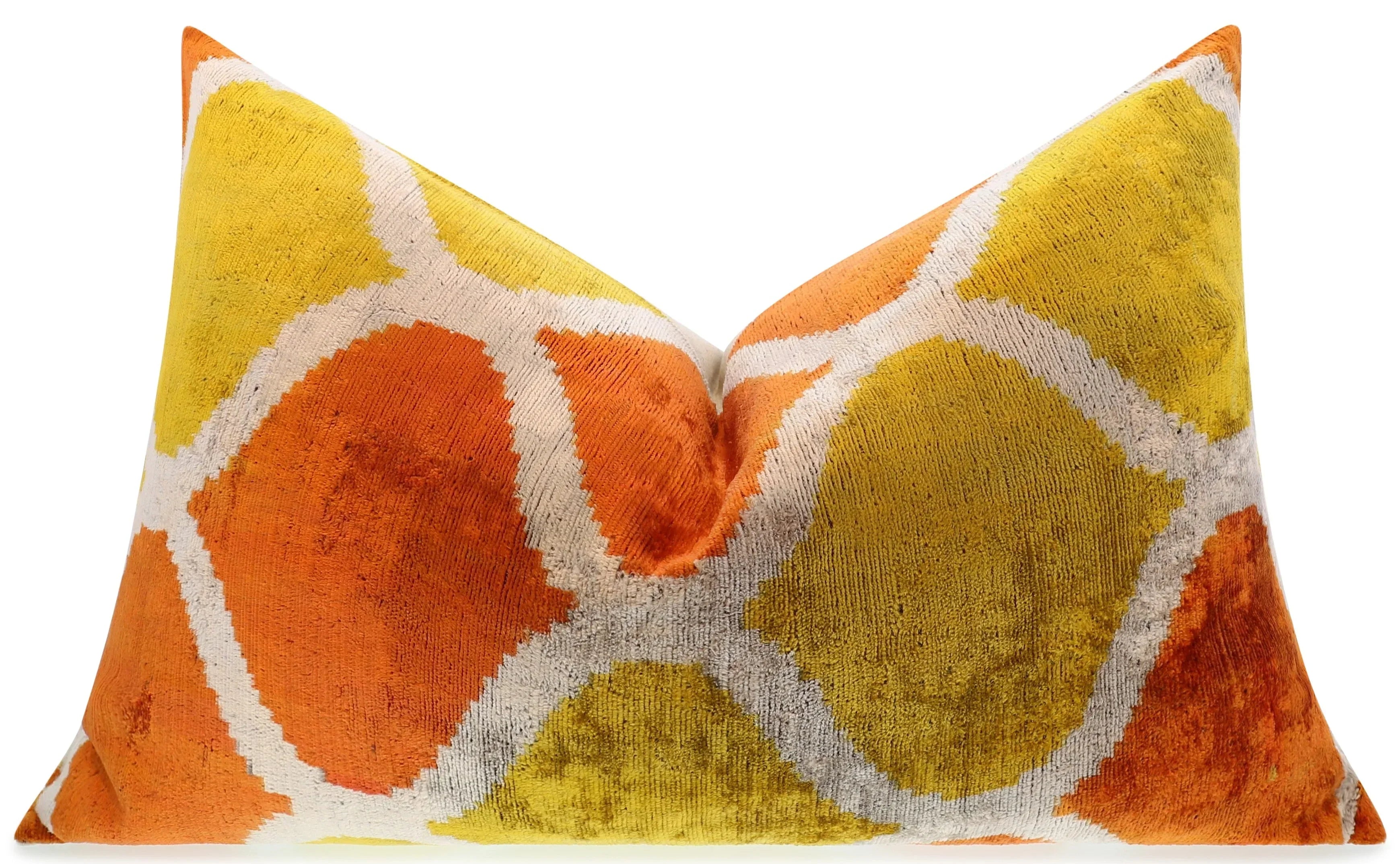 Handmade Fall Silk Velvet Throw Pillow - 16x24, Orange and Yellow Geometric Design with Down Feather Insert Canvello