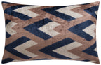 Handmade Geometric Silk Velvet Throw Pillow - 16x24, Navy and Taupe Chevron Pattern with Down Feather... - House Of Avana