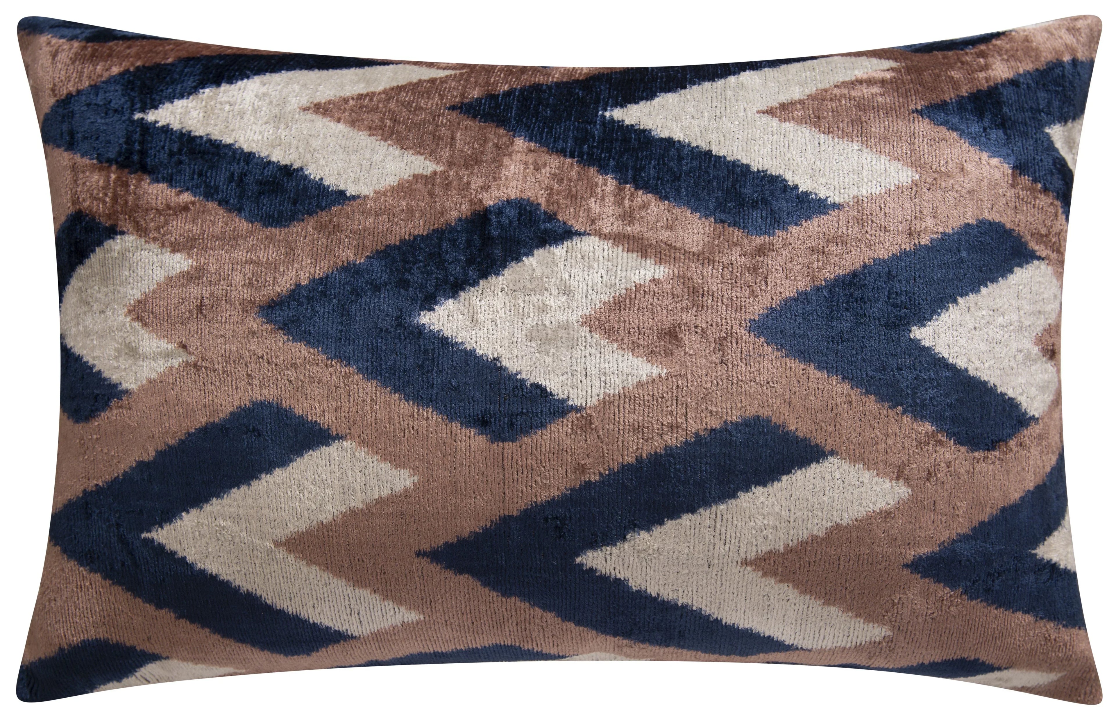 Handmade Geometric Silk Velvet Throw Pillow - 16x24, Navy and Taupe Chevron Pattern with Down Feather... - House Of Avana
