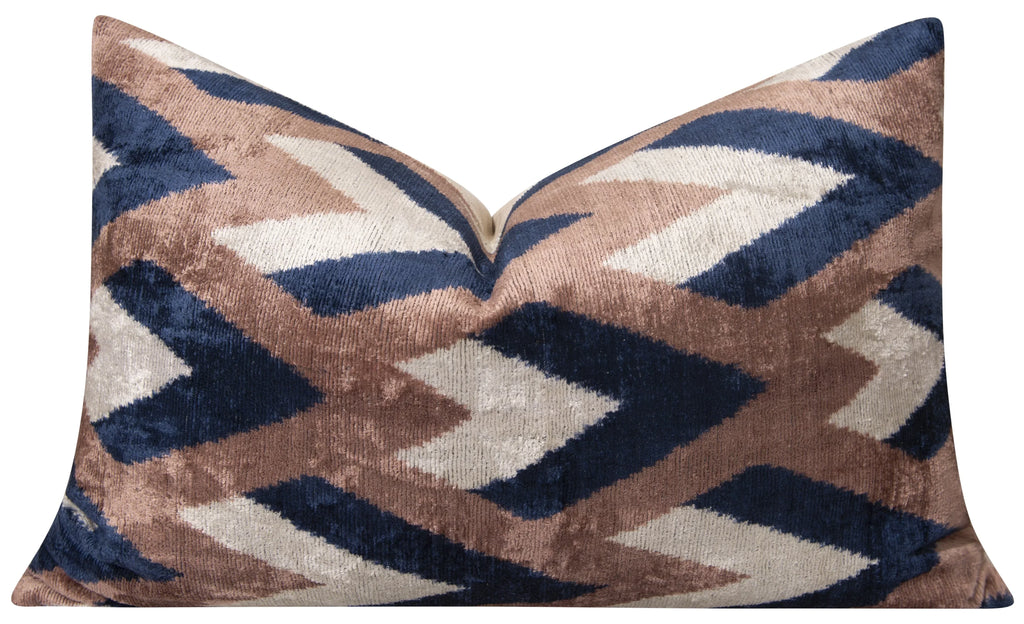 Handmade Geometric Silk Velvet Throw Pillow - 16x24, Navy and Taupe Chevron Pattern with Down Feather... - House Of Avana