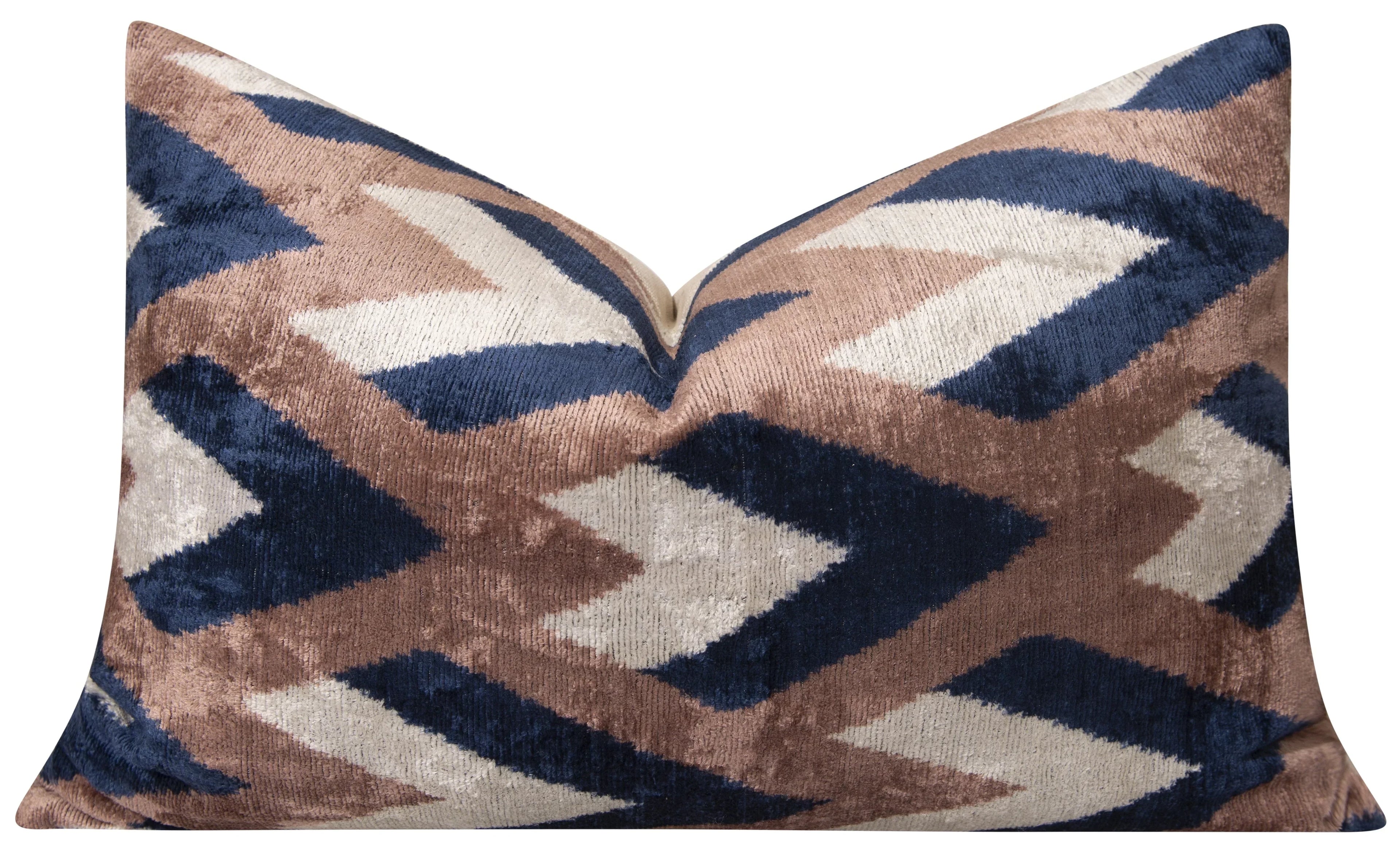 Handmade Geometric Silk Velvet Throw Pillow - 16x24, Navy and Taupe Chevron Pattern with Down Feather... - House Of Avana