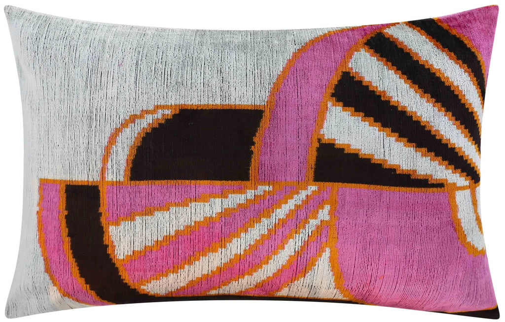 Handmade Geometric Silk Velvet Throw Pillow - 16x24, Pink and Orange Modern Design with Down Feather... - House Of Avana