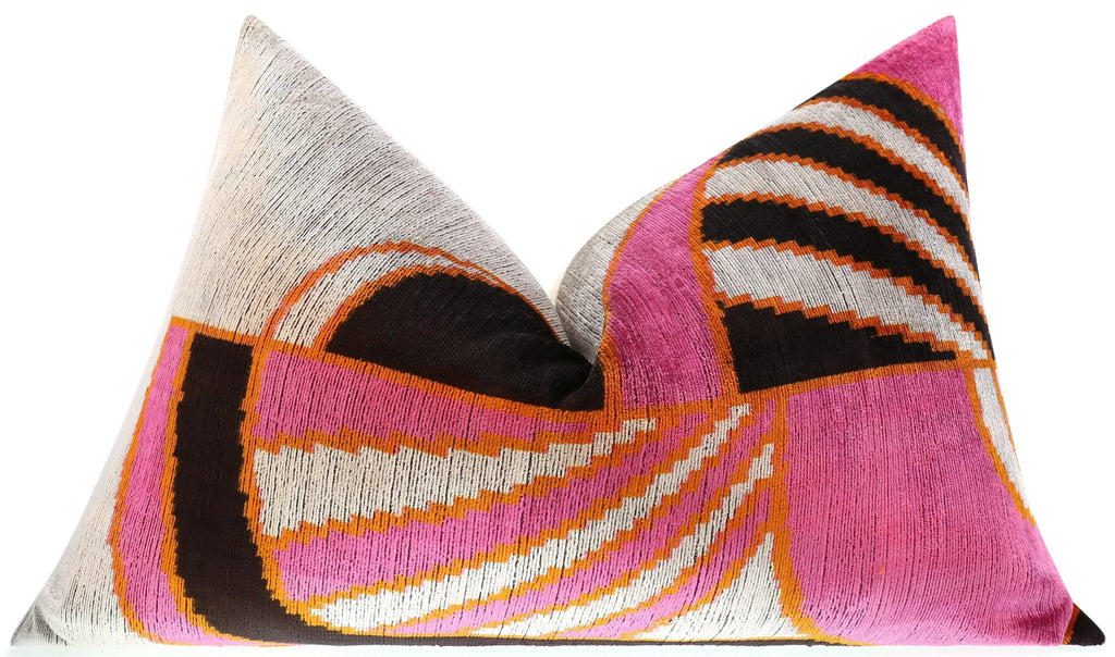 Handmade Geometric Silk Velvet Throw Pillow - 16x24, Pink and Orange Modern Design with Down Feather... - House Of Avana