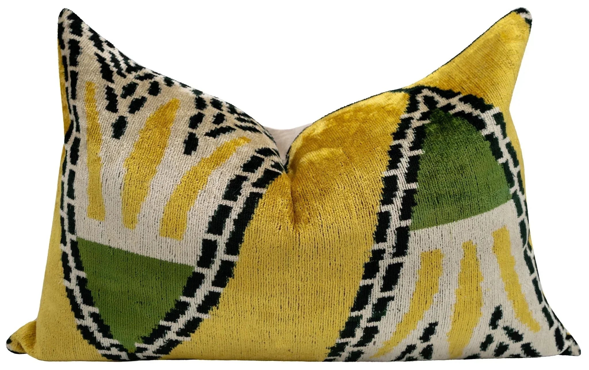 Handmade Gold Green Geometric Design Throw Pillow - 16x24 Inch, Vegetable Dyed with Premium Down Feather... - House Of Avana