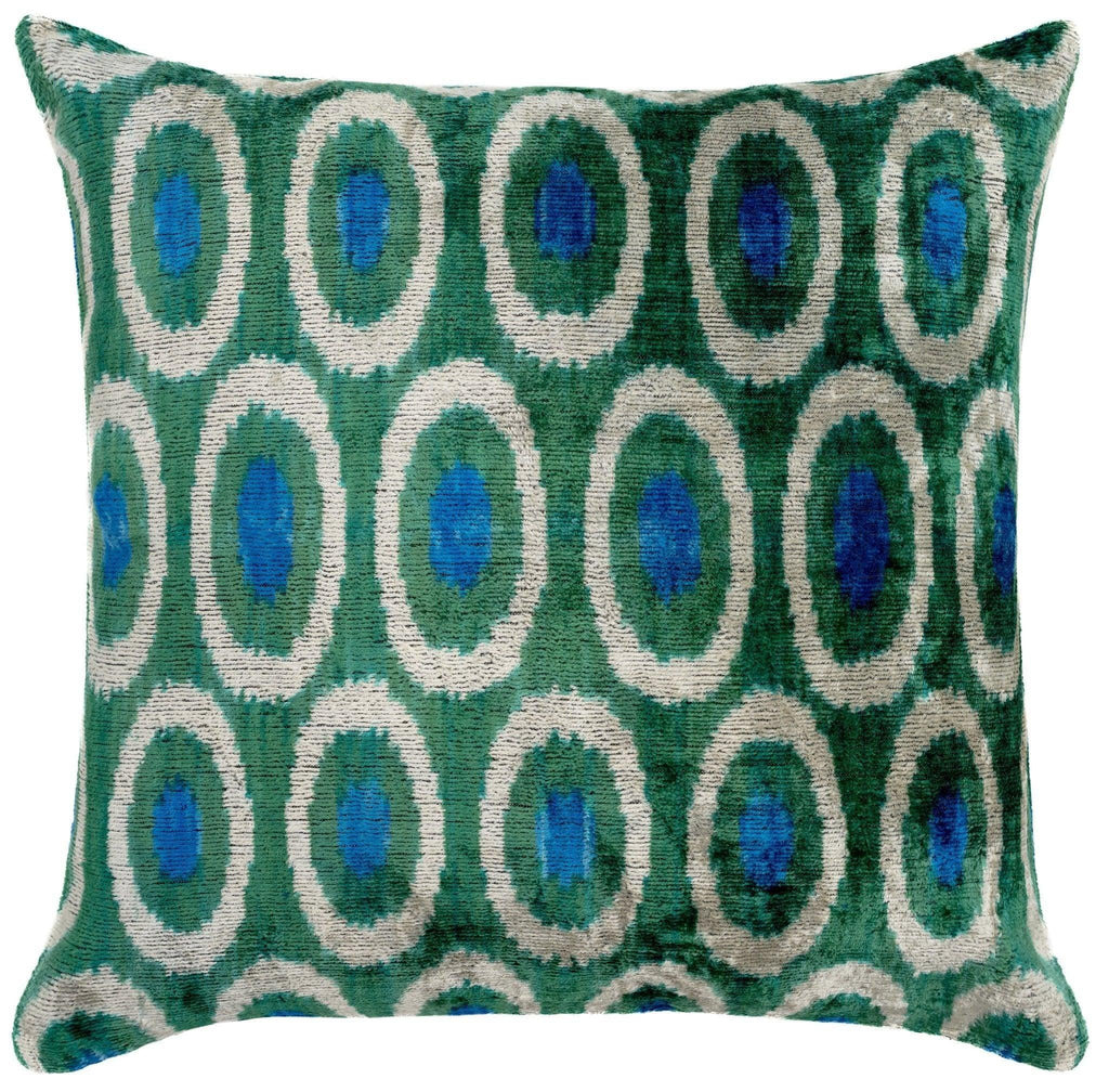 Handmade Green and Blue Circle Design Throw Pillow - 16x16 inch, Silk Velvet, Vegetable Dyed with Premium Down Feather Insert Canvello