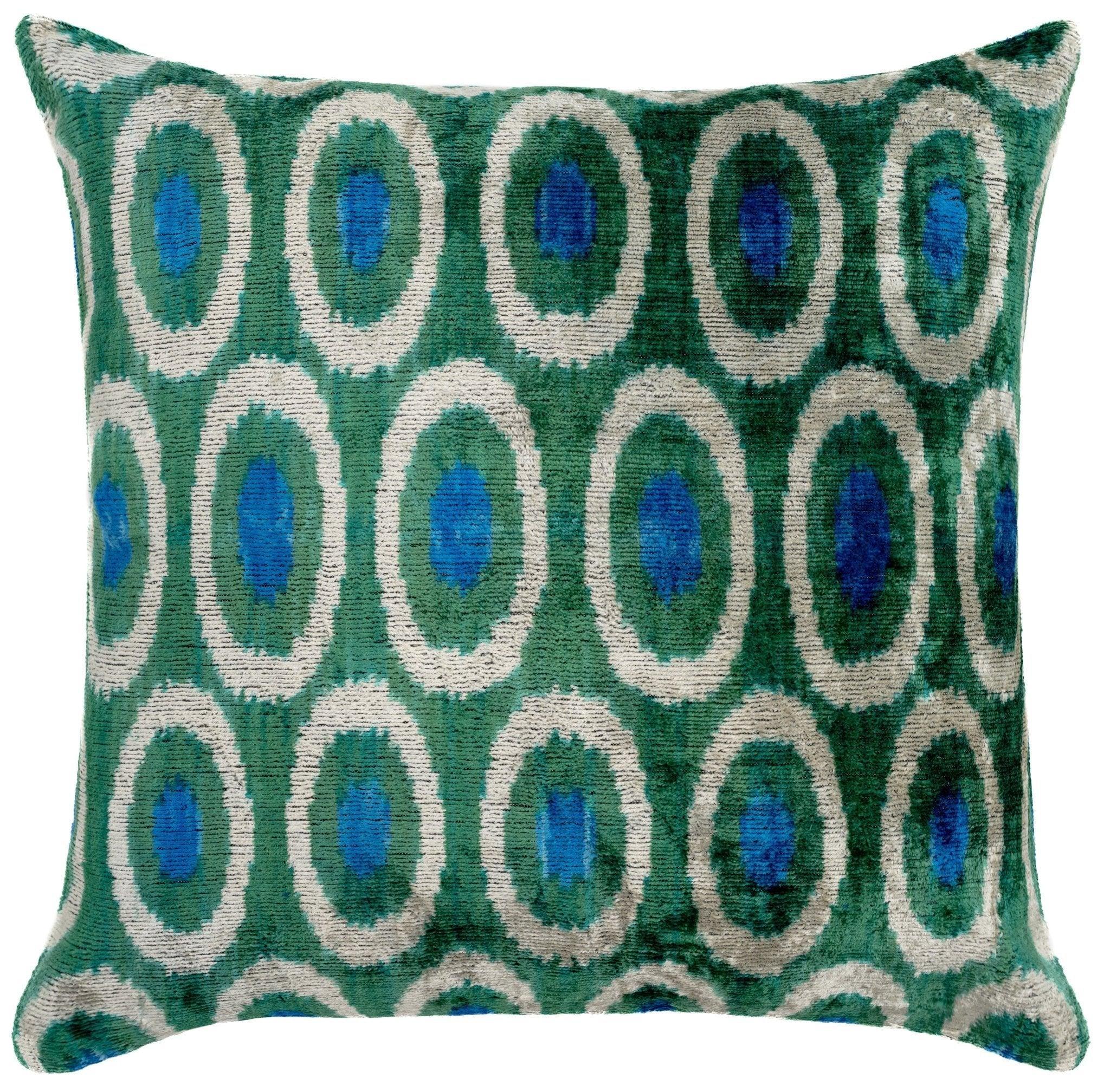 Handmade Green and Blue Circle Design Throw Pillow - 16x16 inch, Silk Velvet, Vegetable Dyed with Premium Down Feather Insert Canvello