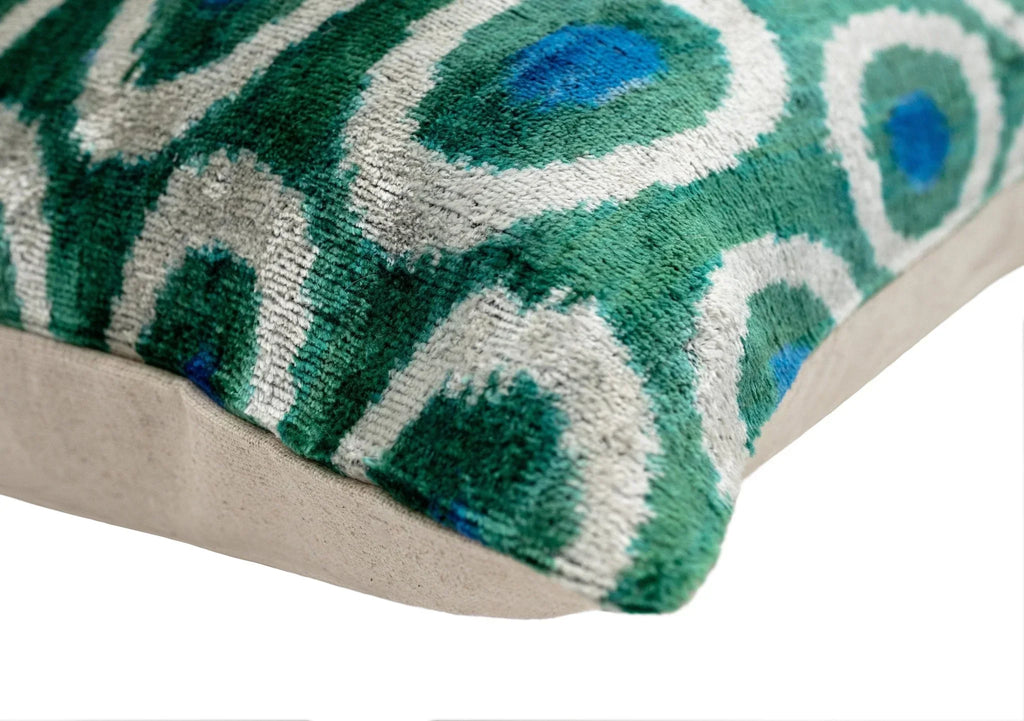 Handmade Green and Blue Circle Design Throw Pillow - 16x16 inch, Silk Velvet, Vegetable Dyed with Premium Down Feather Insert Canvello
