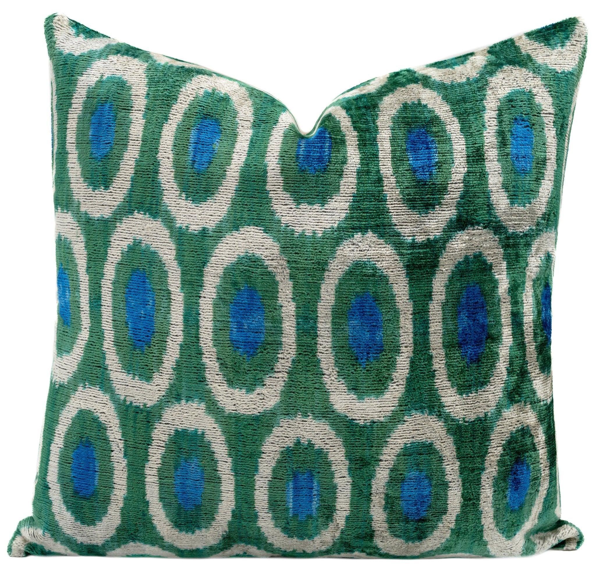 Handmade Green and Blue Circle Design Throw Pillow - 16x16 inch, Silk Velvet, Vegetable Dyed with Premium Down Feather Insert Canvello