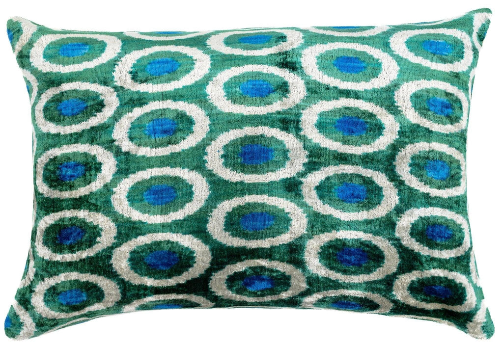 Handmade Green and Blue Circle Design Throw Pillow - 16x24 inch, Silk Velvet, Vegetable Dyed with Premium Down Feather Insert Canvello