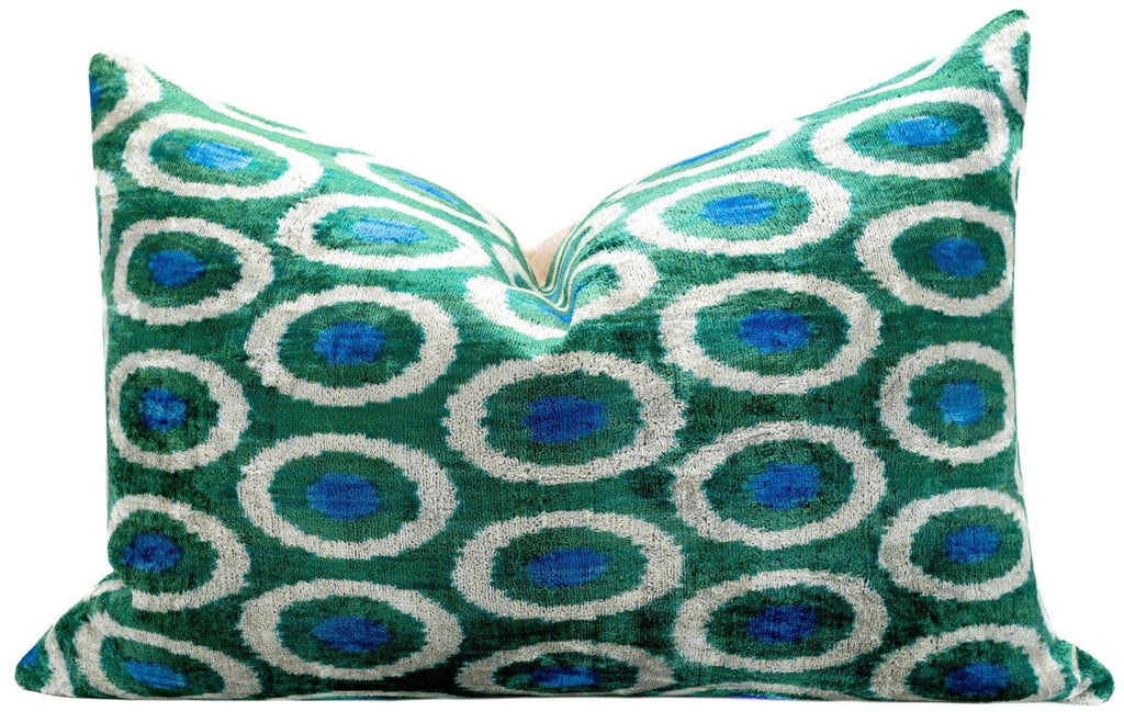 Handmade Green and Blue Circle Design Throw Pillow - 16x24 inch, Silk Velvet, Vegetable Dyed with Premium Down Feather Insert Canvello